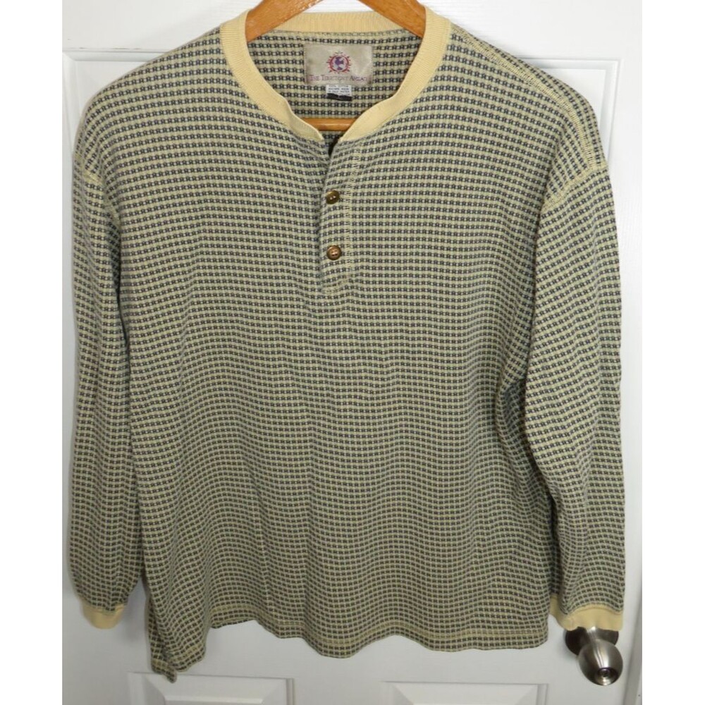 Vintage The Territory Ahead Henley Shirt Mens Large Beige Geometric Print USA